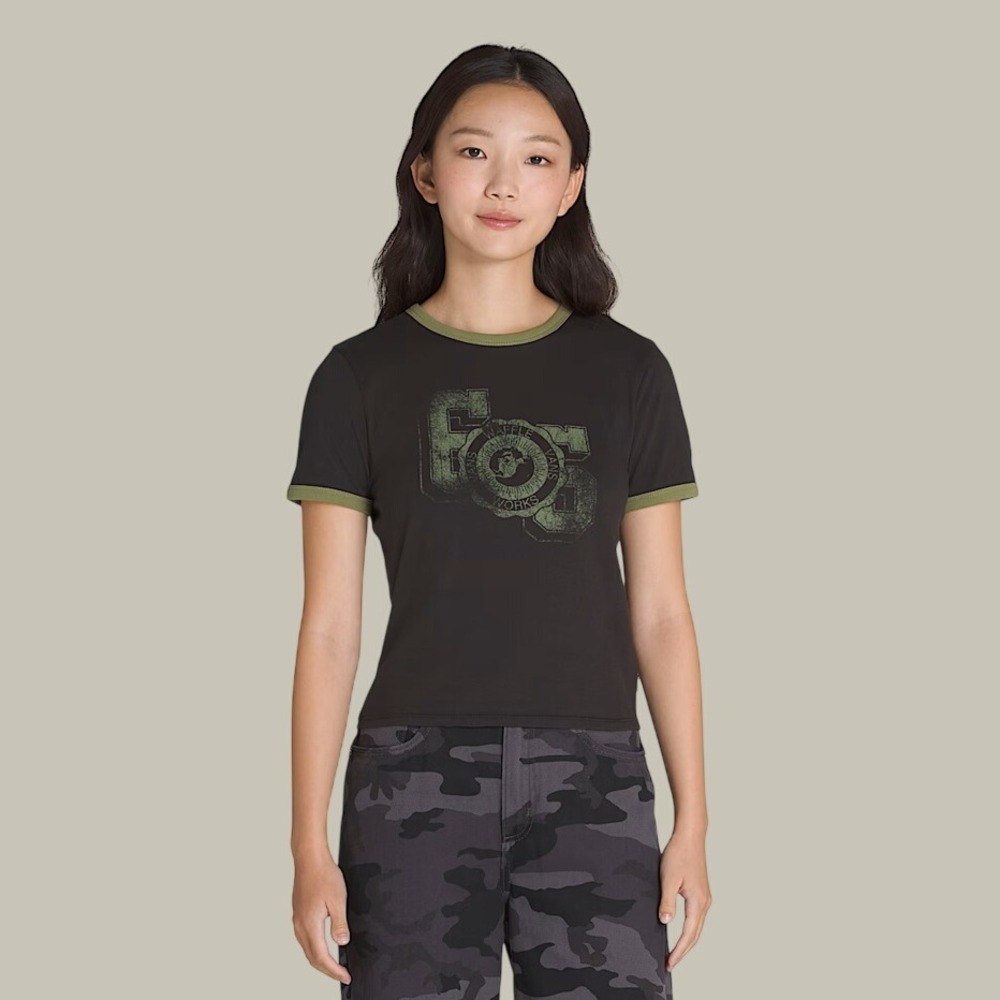 Vans Campus Tour Ringer Cropped Graphic Black Olive Green Women's Size XL NEW